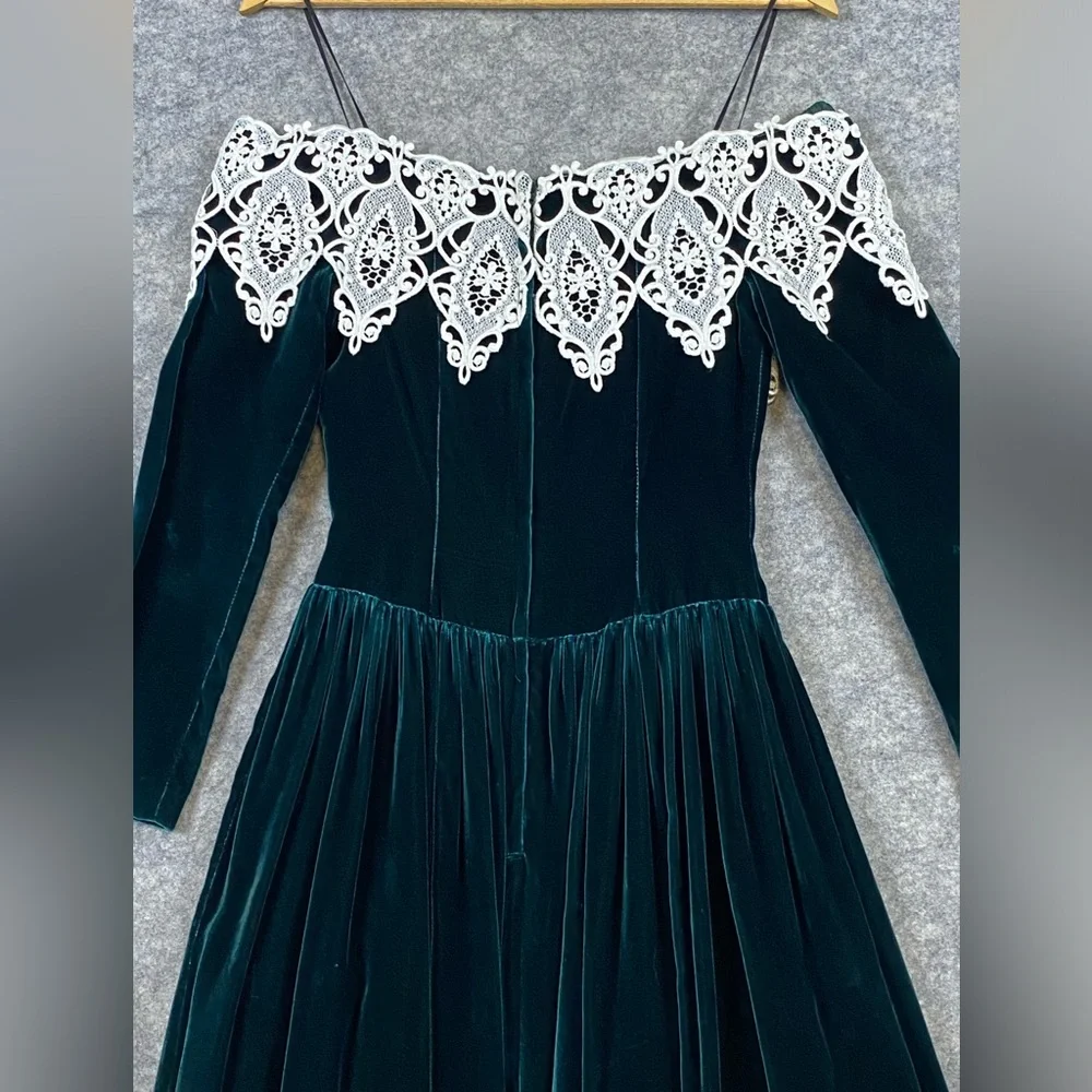 Jessica McClintok Vintage Velvet Lace‎ and Beaded Dress 4 Green 80’s Petticoat - Picture 9 of 12